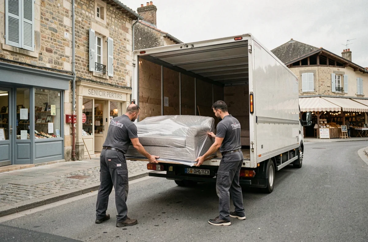 Déménageurs d'ACD chargeant un canapé emballé dans un camion dans la rue principale de Thiviers