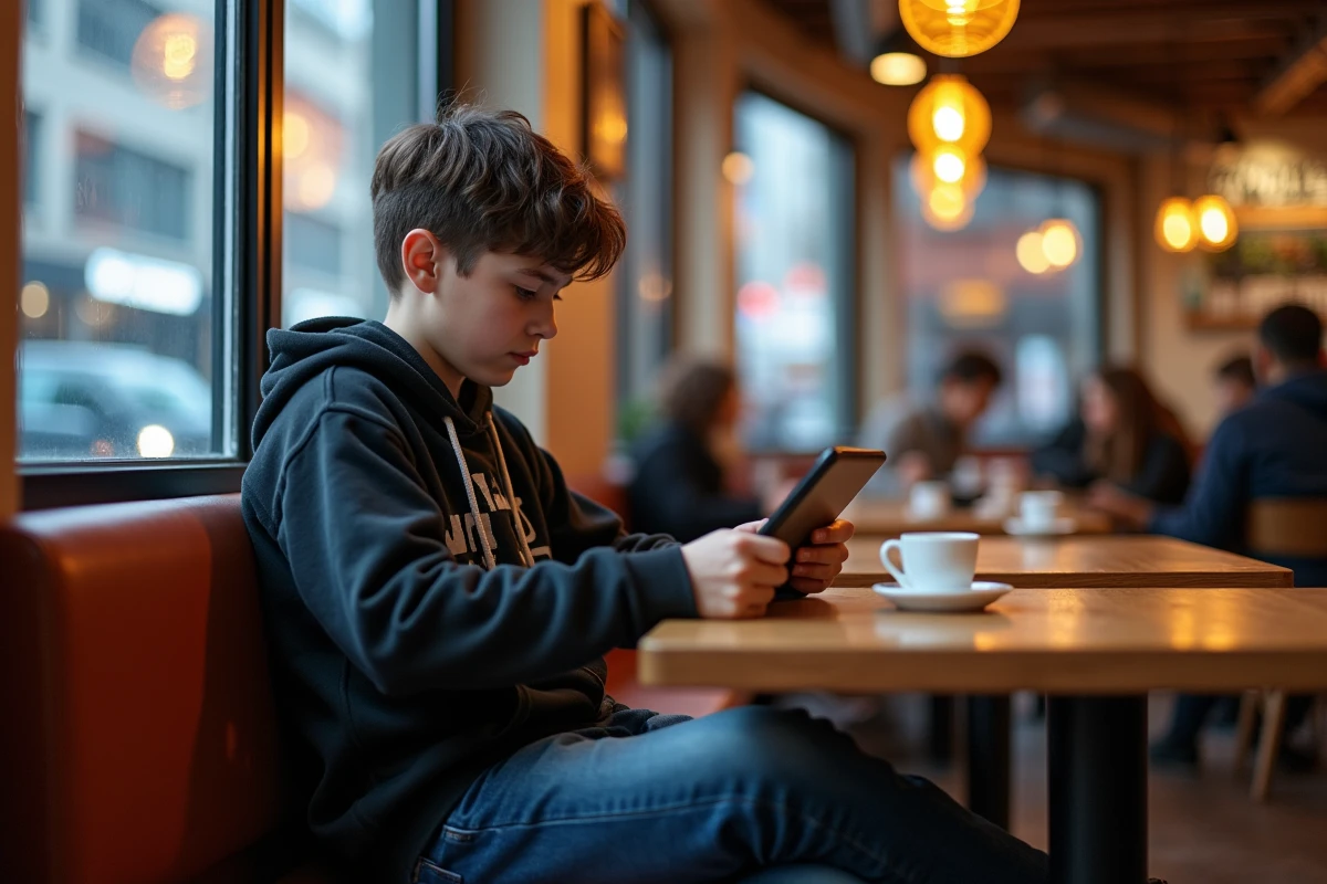 Adolescent lisant manga dans un café animé