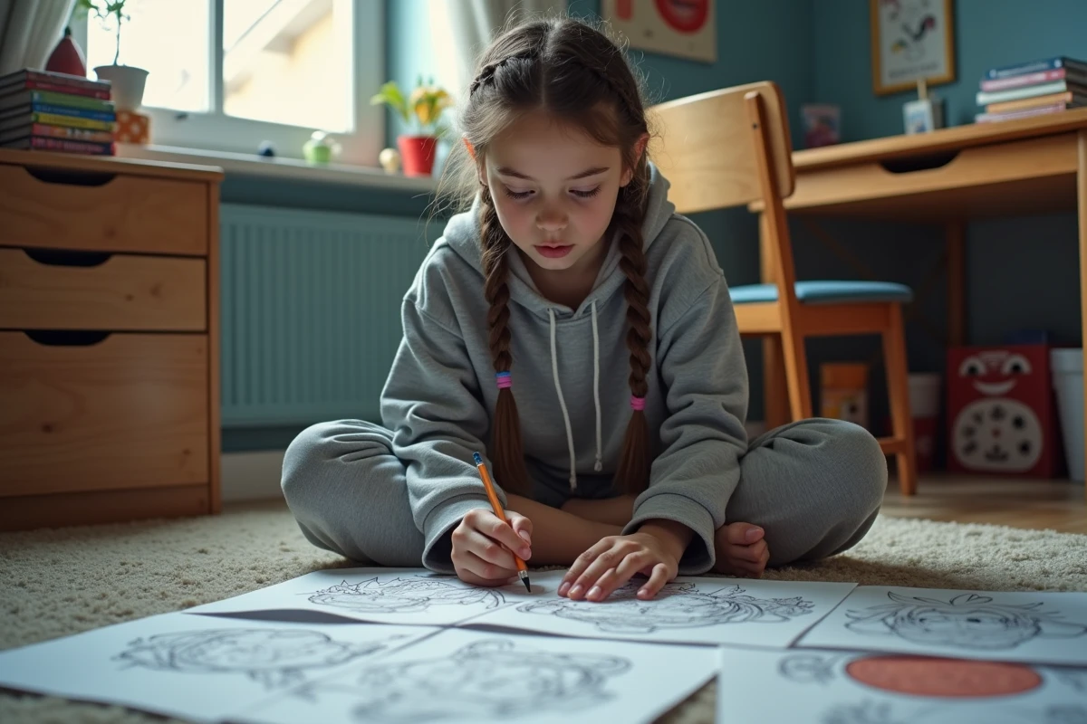 Adolescente entourée de pages à colorier Dragon Ball Z avec Vegeta et Gohan dans sa chambre