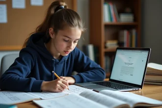 Adolescente utilisant un convertisseur de chiffres romains pour ses devoirs d'histoire avec un tableau de conversion imprimé