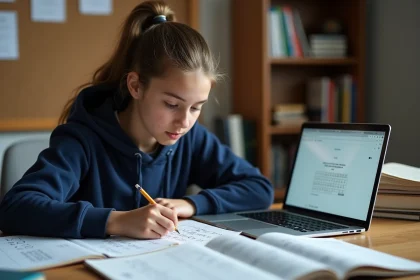 Adolescente utilisant un convertisseur de chiffres romains pour ses devoirs d'histoire avec un tableau de conversion imprimé