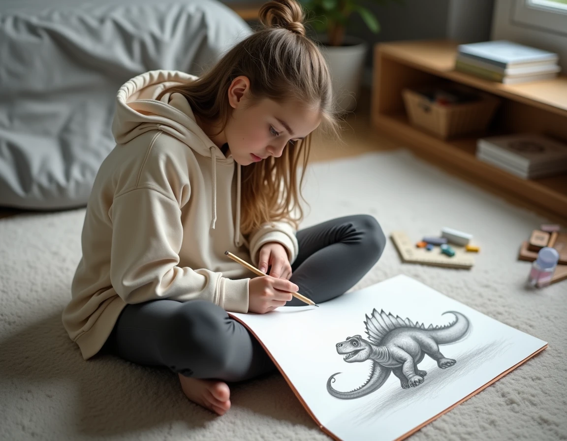 Adolescente dessinant un stégosaure au crayon dans un carnet de croquis posé sur le sol de sa chambre