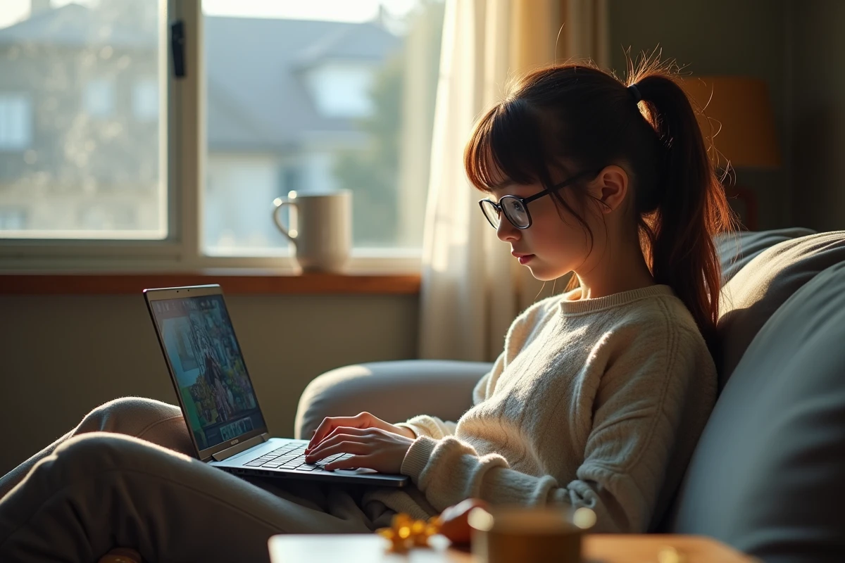 Adolescente regardant manga sur ordinateur portable dans le salon