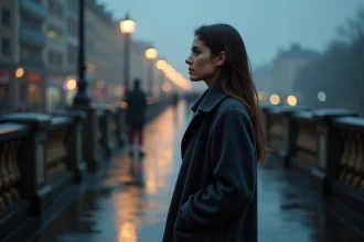 Femme seule sur un pont sous la pluie, silhouette floue d'un homme en arrière-plan, symbolisant l'amour impossible et l'âme sœur inaccessible