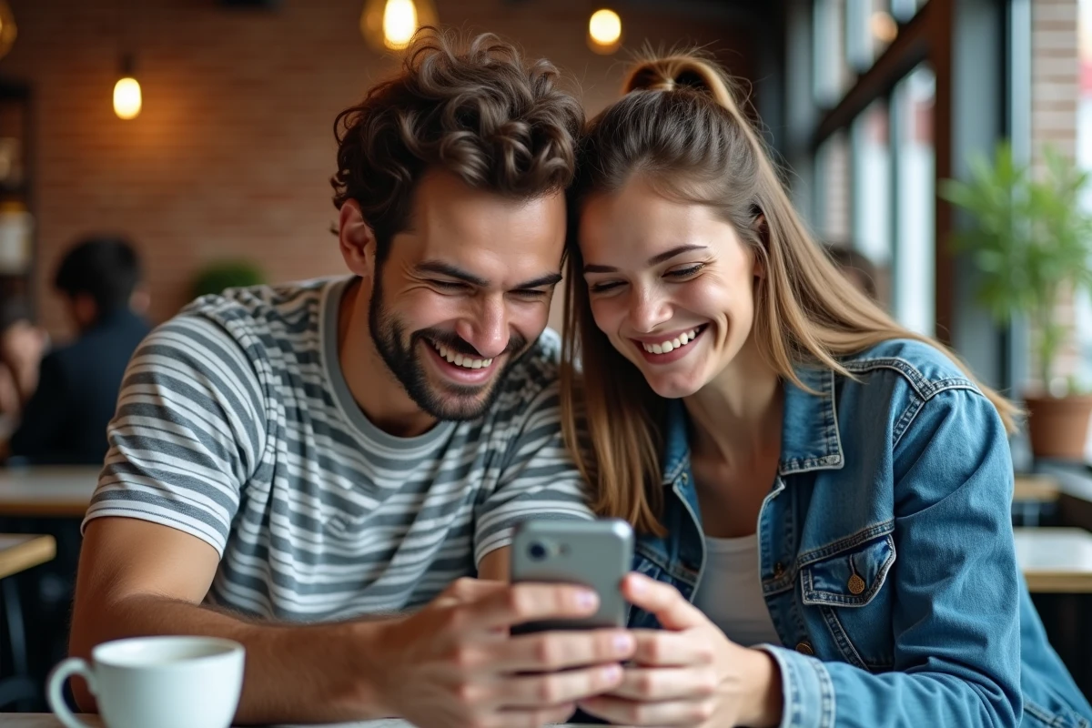 Deux amis dans un café urbain résolvant ensemble une grille de jeu Pédantix sur smartphone avec des expressions amusées
