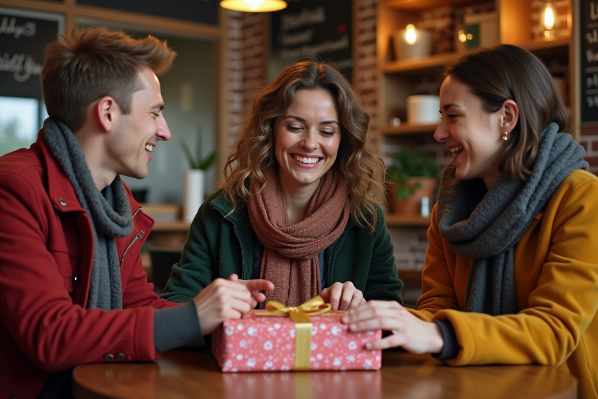Trois amis échangeant des cadeaux de Secret Santa dans un café