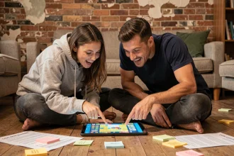 Deux amis assis sur le sol d'un salon jouant ensemble à un jeu d'évasion coopératif sur tablette avec des indices éparpillés autour d'eux