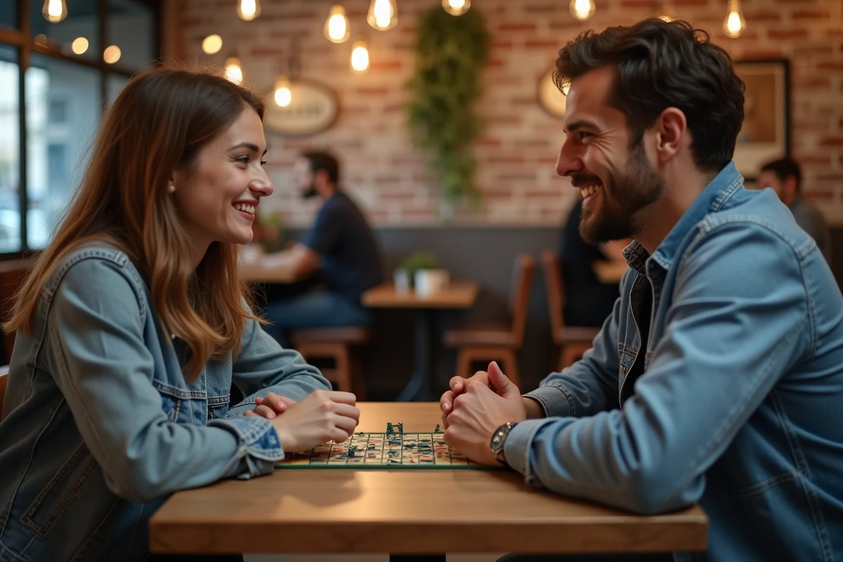 Deux amis adultes jouant à la bataille navale avec des grilles plastiques dans un café urbain animé