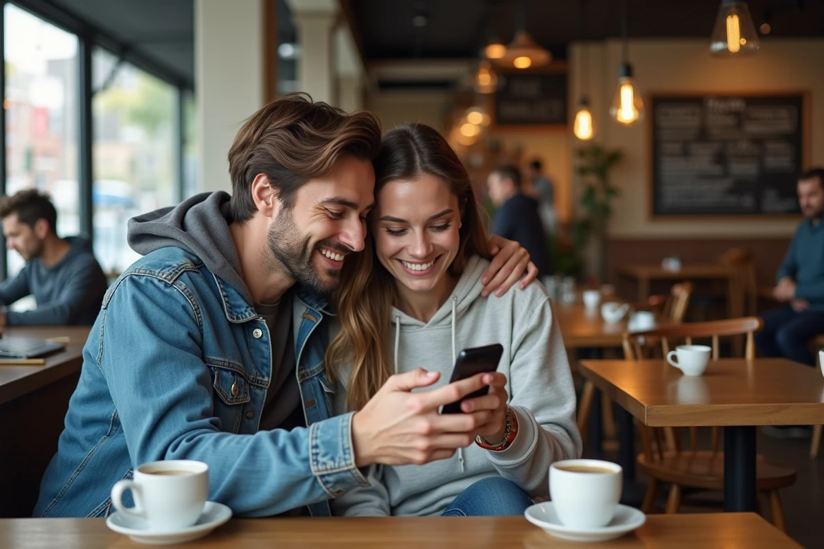 Deux amis partageant une plateforme de lecture de bandes dessinées en ligne sur smartphone dans un café urbain