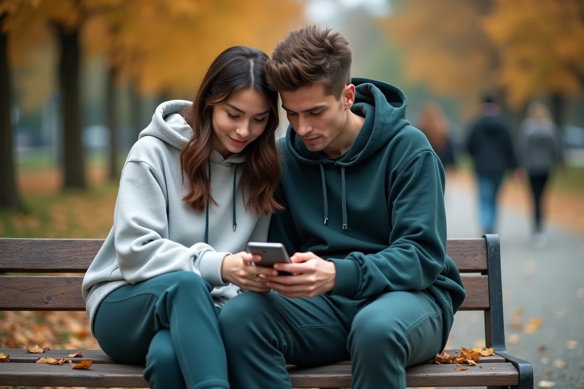 Deux amis lisant un manga ensemble sur smartphone dans un parc urbain en automne, illustrant la lecture numérique mobile de mangas