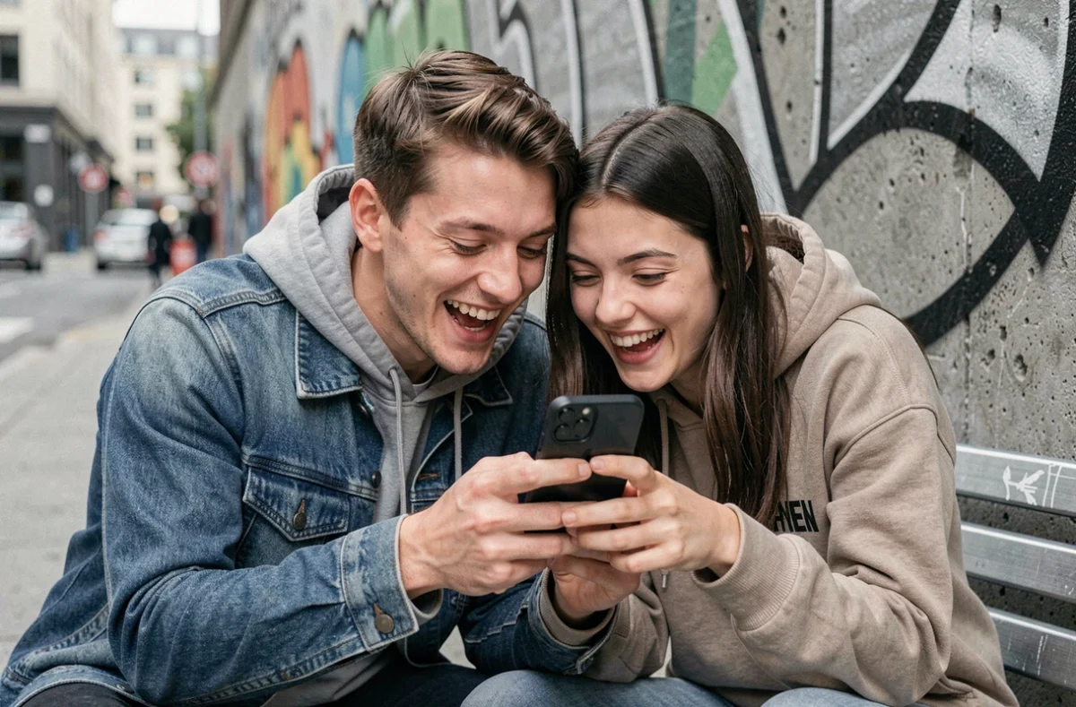 Deux amis fans de manga lisant ensemble un scan de One Piece sur smartphone devant un mur urbain en ville