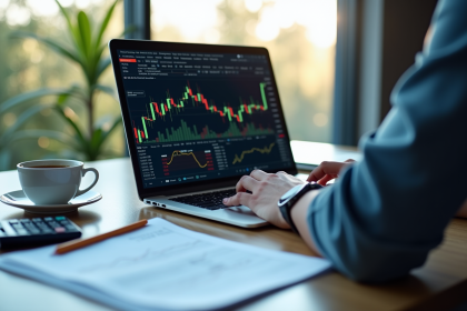 Analyste financier travaillant sur des graphiques ETF dans un bureau lumineux