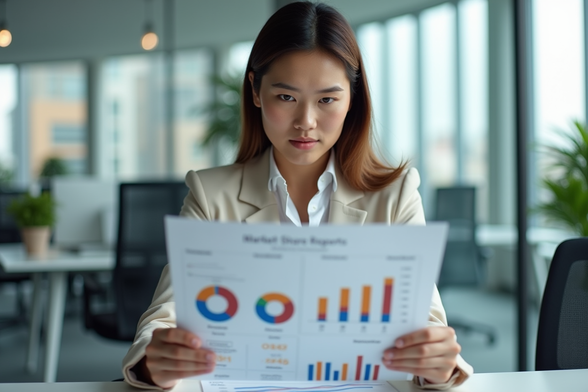 Jeune analyste étudie un rapport de marché batterie