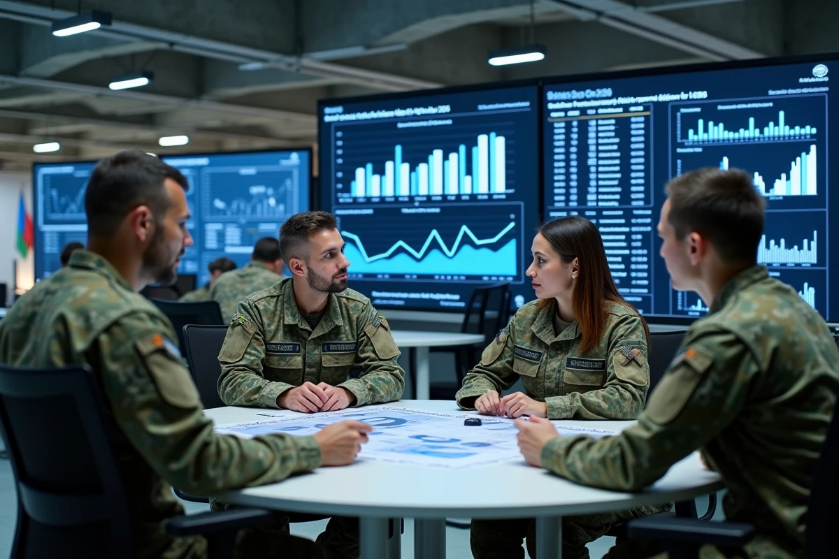 Analystes militaires en uniforme étudiant des graphiques de dépenses militaires mondiales sur un grand écran tactile dans un centre d'analyse de défense moderne