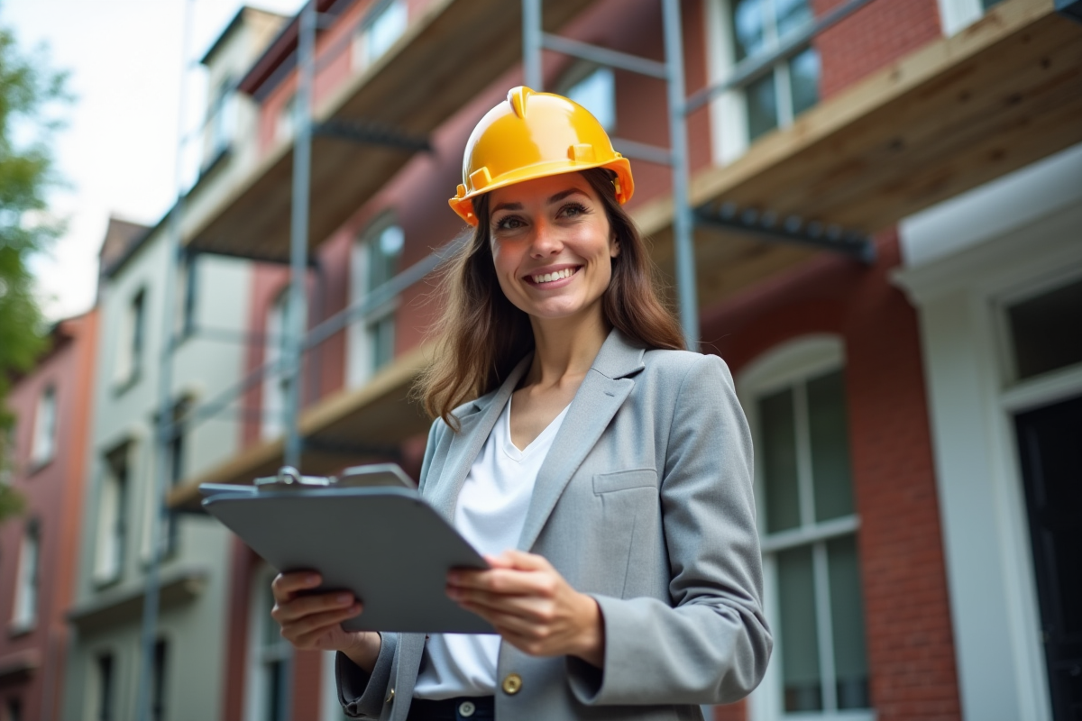 Jeune architecte en extérieur devant une maison en rénovation