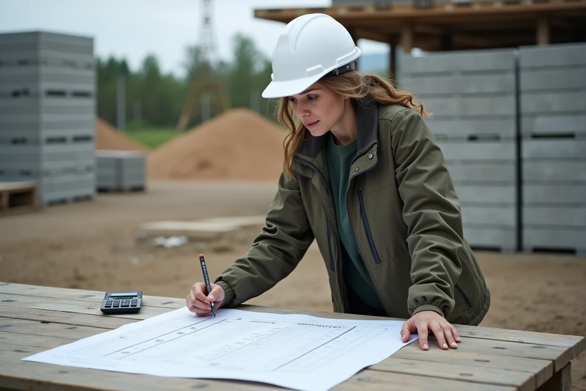 Architecte femme consultant des plans de volumes en mètres cubes sur un chantier de construction