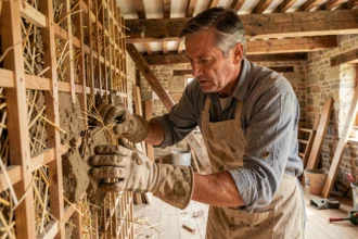 Artisan appliquant un enduit torchis traditionnel fait de paille et d'argile sur une ossature en bois dans une maison ancienne en rénovation