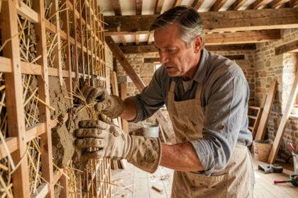 Artisan appliquant un enduit torchis traditionnel fait de paille et d'argile sur une ossature en bois dans une maison ancienne en rénovation