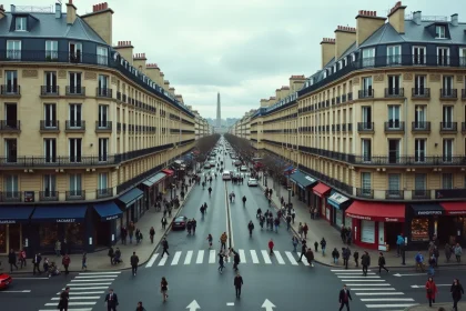 Vue grand angle d'un boulevard parisien animé avec des façades haussmanniennes et des piétons illustrant la densité urbaine de la plus grande ville de France