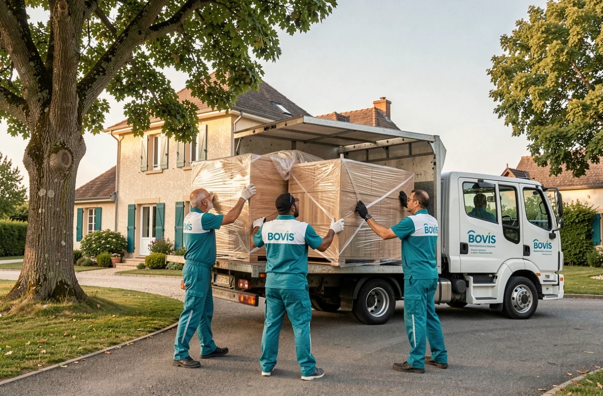 Équipe BOVIS Périgord chargeant des meubles emballés devant une maison du Périgord avec camion de déménagement brandé