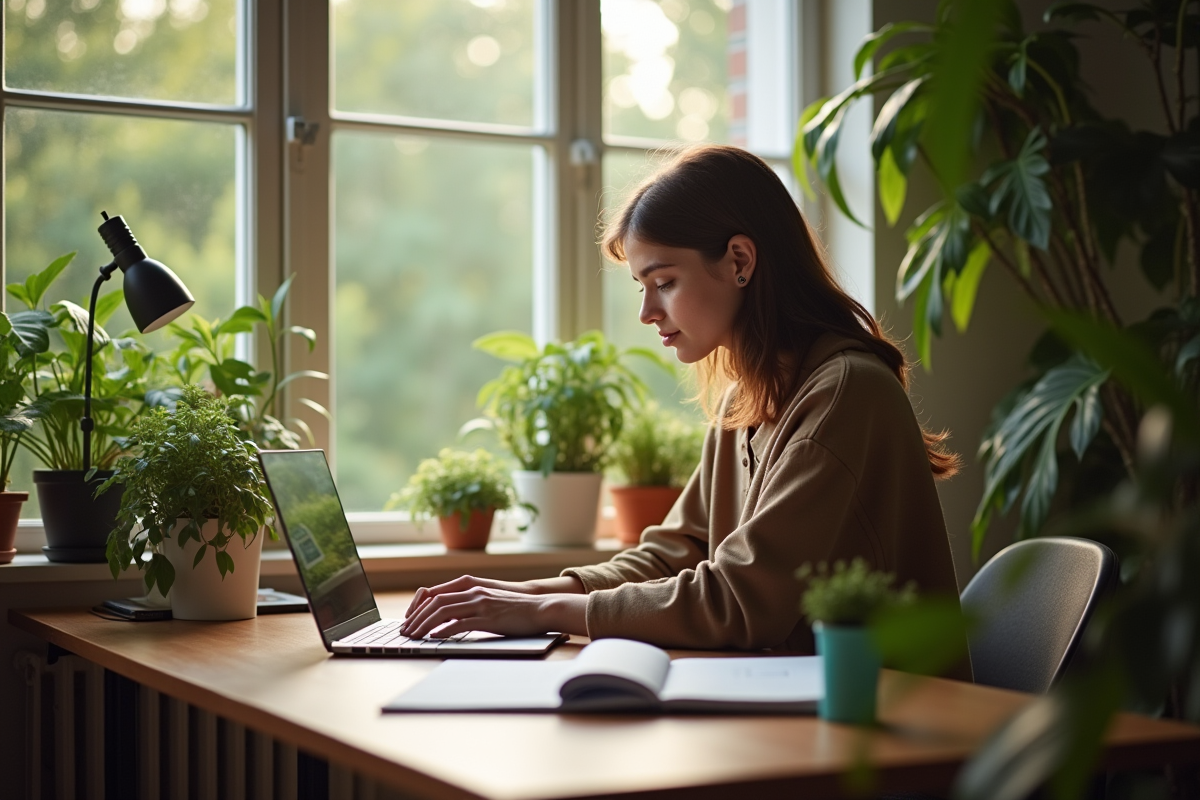 Espace de travail moderne avec un professionnel et plantes