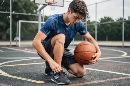 Adolescent sportif de 17 ans tenant un ballon de basket sur un terrain extérieur urbain, idée cadeau pour garçon sportif
