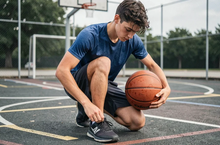 Adolescent sportif de 17 ans tenant un ballon de basket sur un terrain extérieur urbain, idée cadeau pour garçon sportif