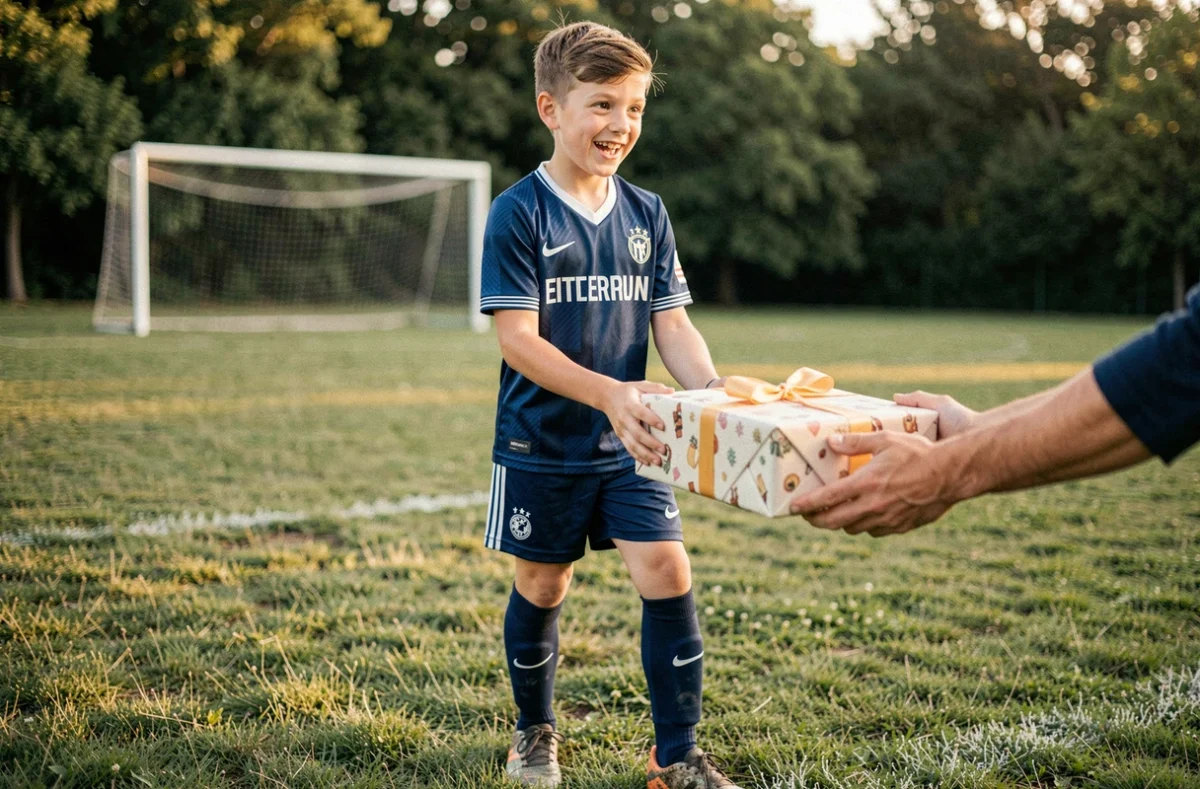 Jeune footballeur de 17 ans recevant un cadeau sur un terrain de foot, idée cadeau garçon sportif passionné