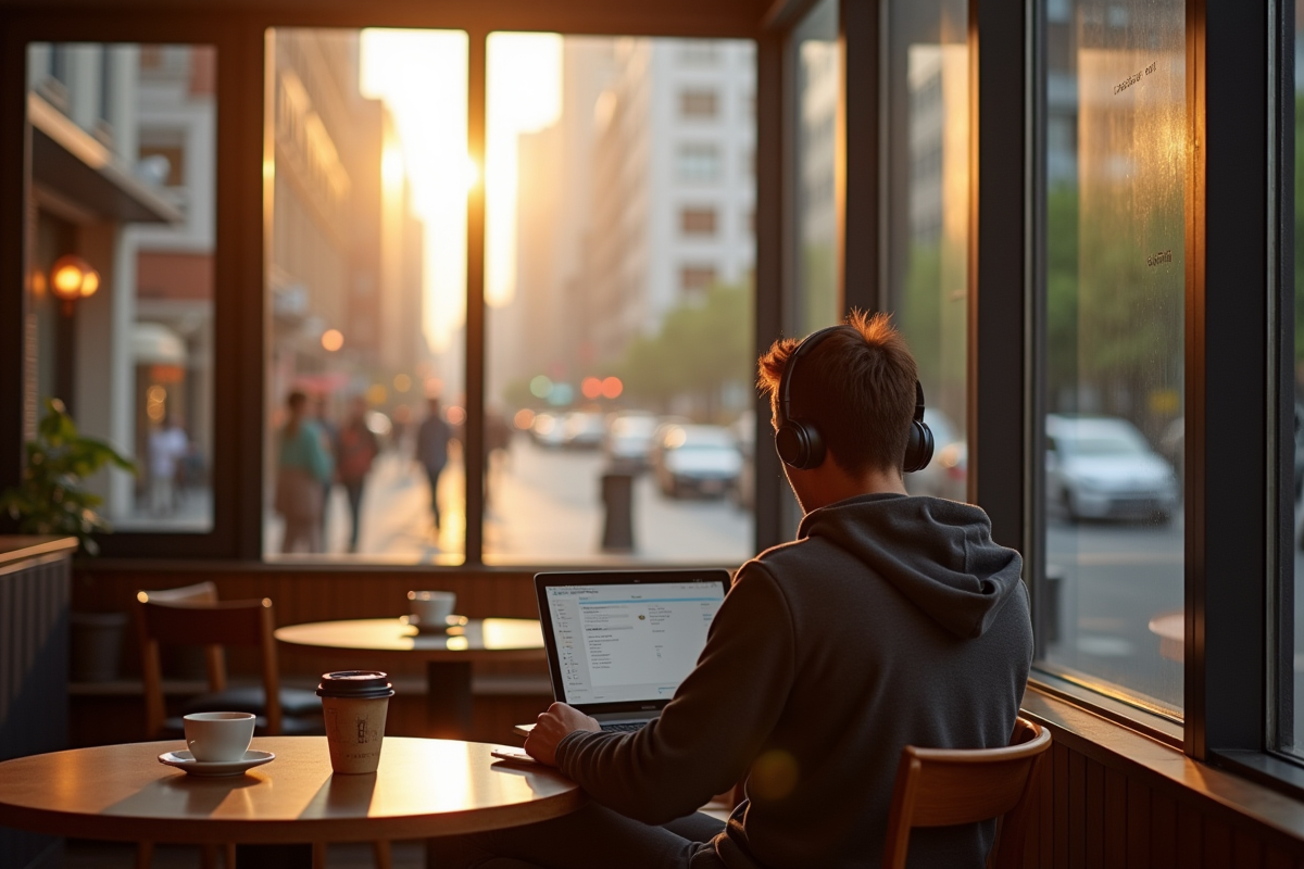 Personne concentrée sur son ordinateur dans un cafe moderne lumineux