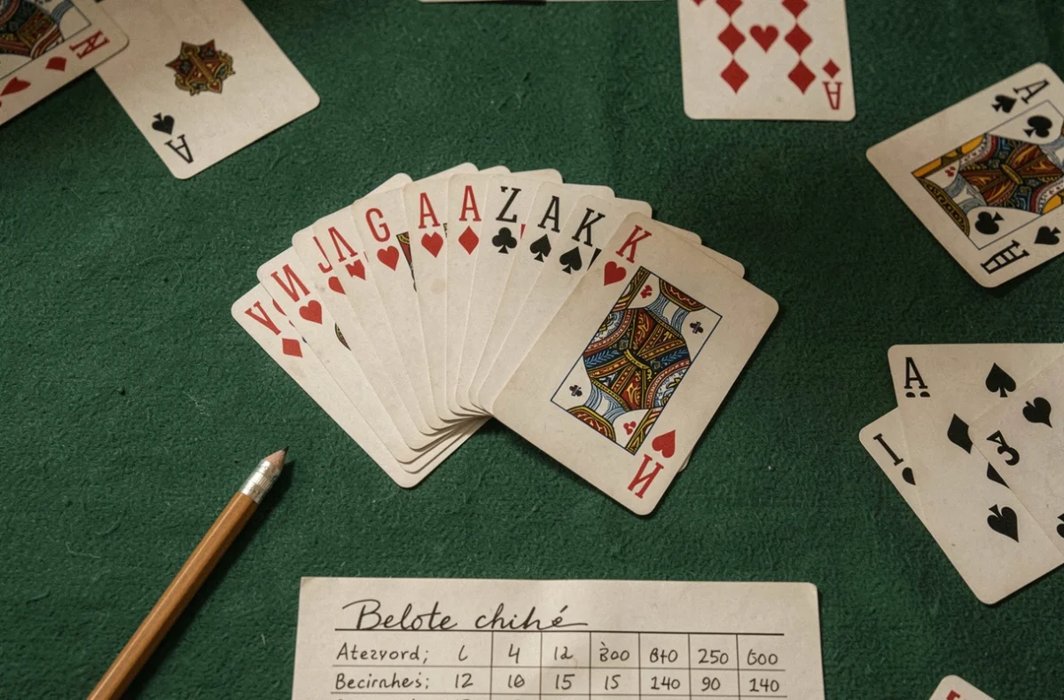 Gros plan sur des cartes de belote coinchée et une feuille de score sur un tapis vert en club