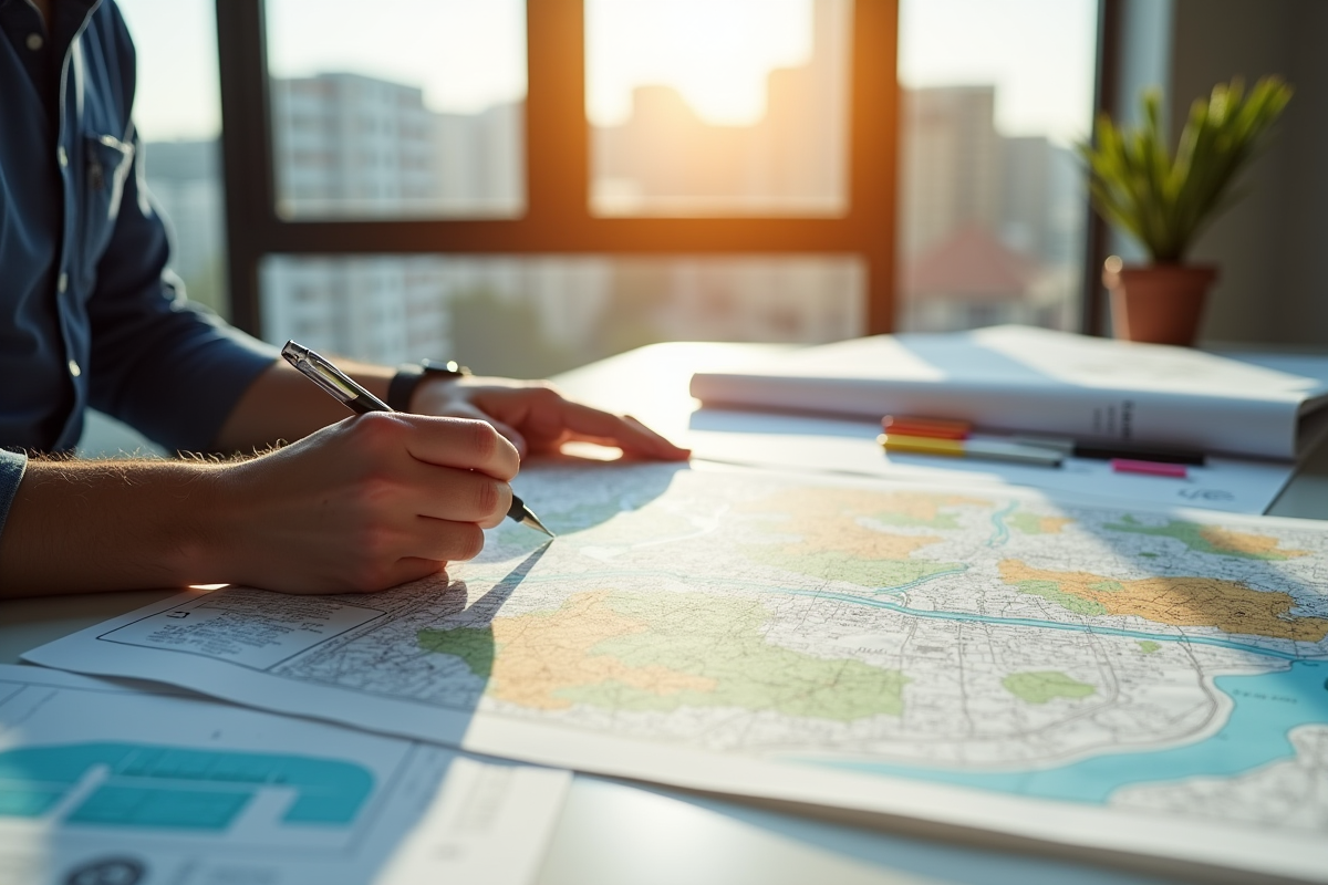 Cartes topographiques et plans d urbanisme sur un bureau en intérieur