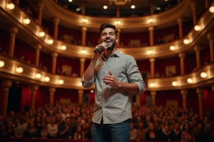 Chanteur br&eacute;silien sur sc&egrave;ne dans un th&eacute;&acirc;tre parisien