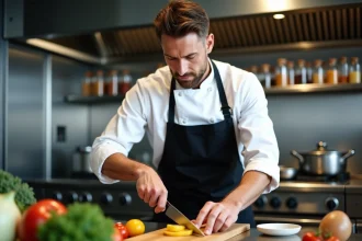Chef en train de couper des légumes dans une cuisine moderne