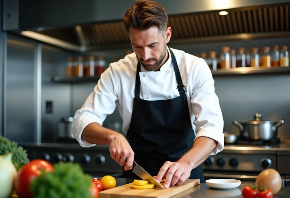 Chef en train de couper des légumes dans une cuisine moderne