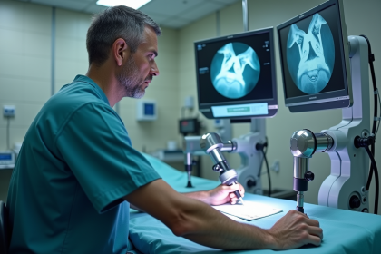 Médecin en blouse opérant un robot en salle d'opération moderne