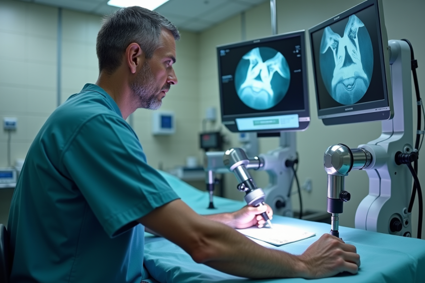 Médecin en blouse opérant un robot en salle d'opération moderne