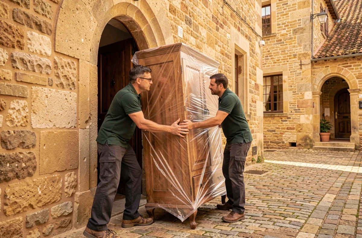 Équipe Colussi Déménagement manœuvrant une armoire dans une ruelle en pierre de Sarlat-la-Canéda