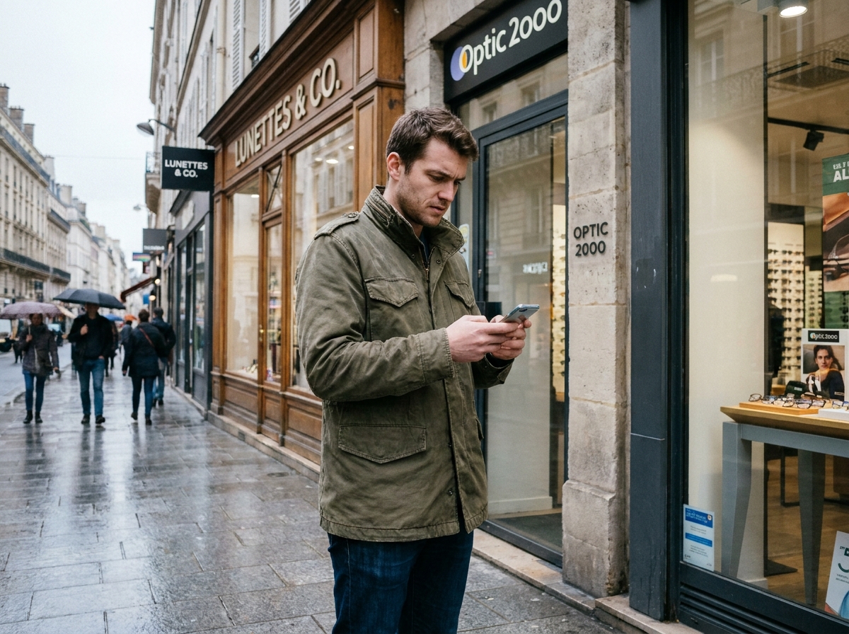Jeune homme comparant des opticiens en ville sur son smartphone devant plusieurs enseignes d'optique