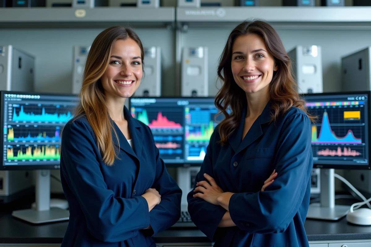 Deux scientifiques comparant des données spectrales sur écran dans une salle d'instrumentation analytique