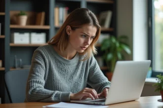 Femme inquiète consultant ses données personnelles sur un ordinateur portable dans un bureau à domicile