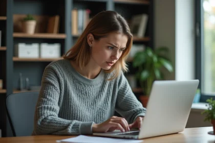 Femme inquiète consultant ses données personnelles sur un ordinateur portable dans un bureau à domicile