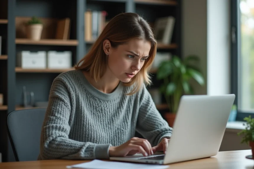 Femme inquiète consultant ses données personnelles sur un ordinateur portable dans un bureau à domicile