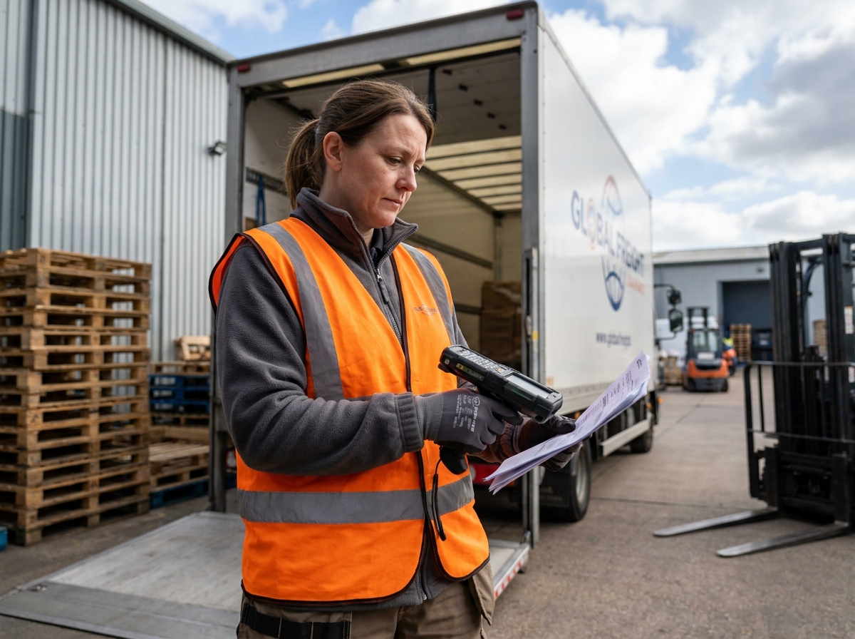 Coordinatrice logistique utilisant un scanner robuste dans une cour d'entrepôt extérieure
