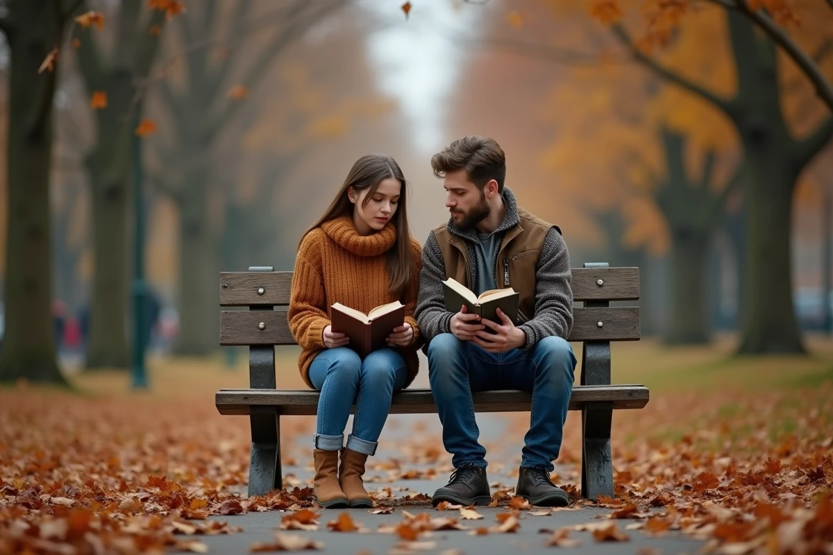 Couple assis aux extrémités opposées d'un banc de parc en automne, distance émotionnelle palpable illustrant l'amour impossible entre deux âmes sœurs