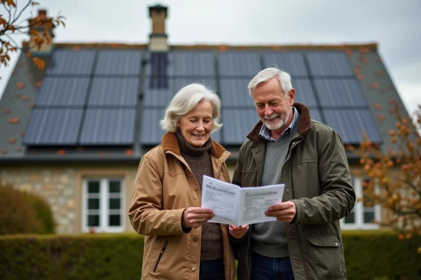 Couple normand regardant leurs factures avec panneaux solaires