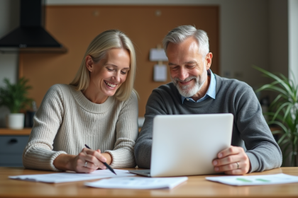 Couple d'adultes discutant de finances à la maison