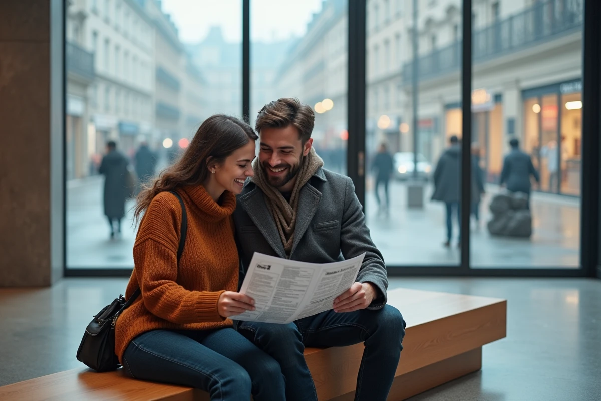Couple consultant le programme d'une exposition dans le hall d'un musée à Lyon par temps pluvieux