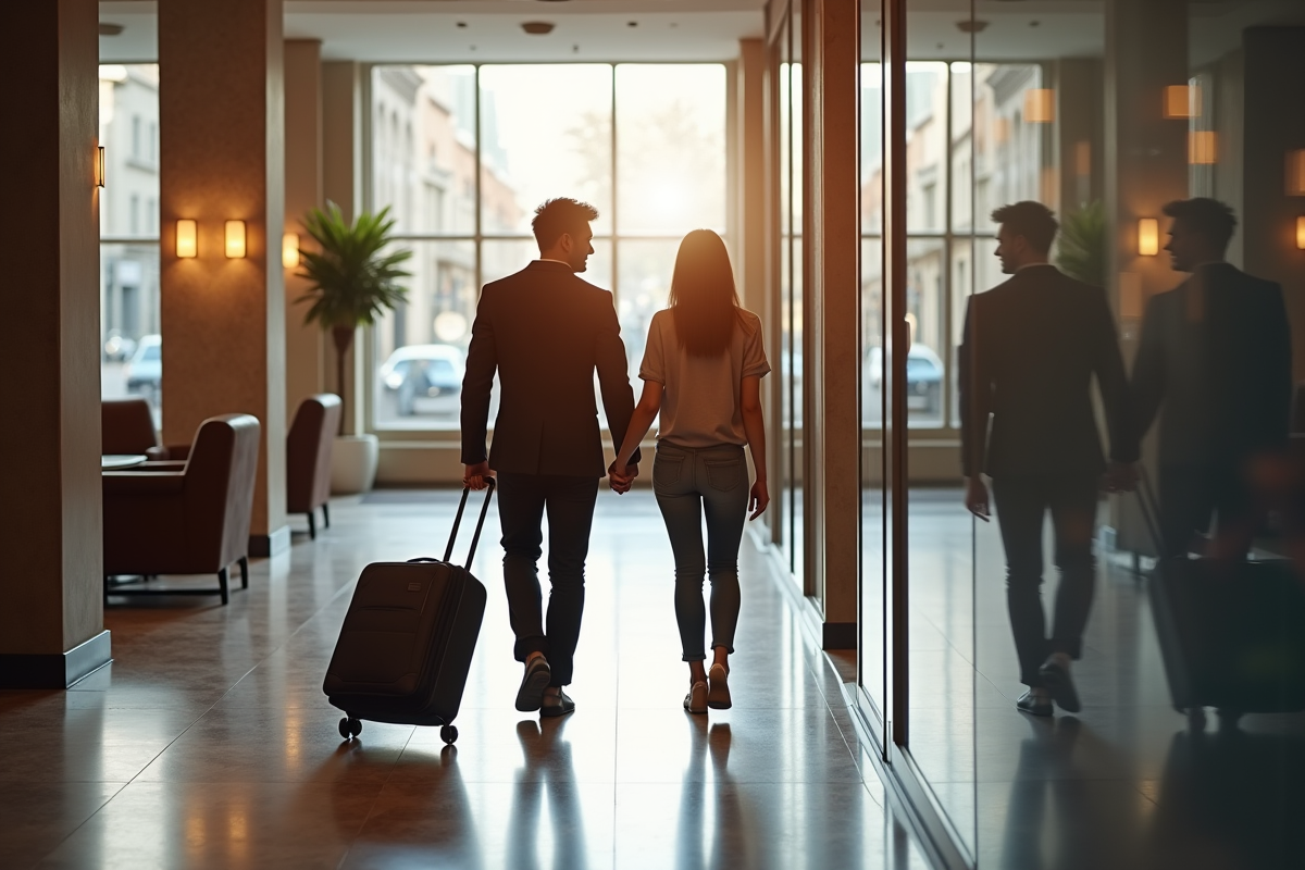 Couple entrant dans un hôtel à Bordeaux avec bagages