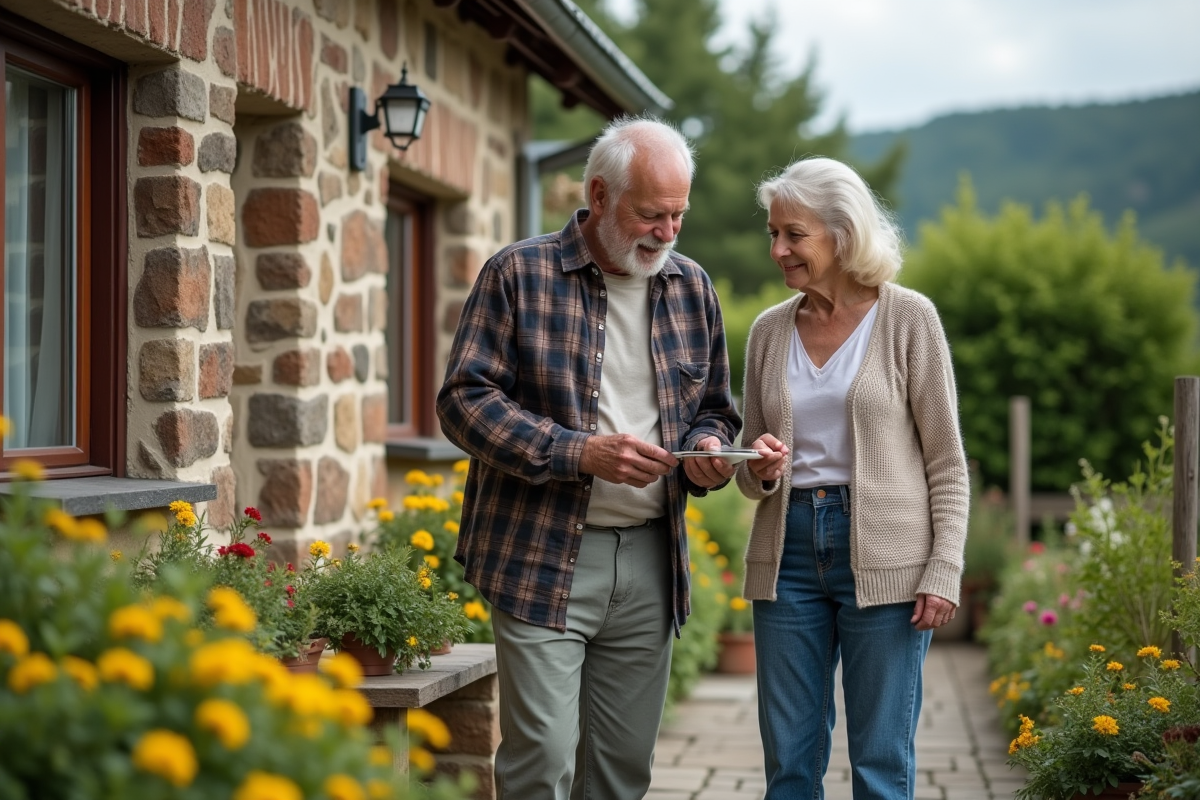 Couple retraité regardant leurs outils de jardinage devant leur maison