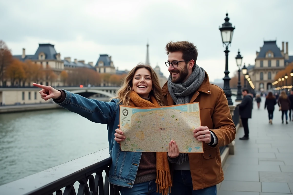 Couple orientant leur visite de Paris avec un plan des arrondissements sur le Pont des Arts